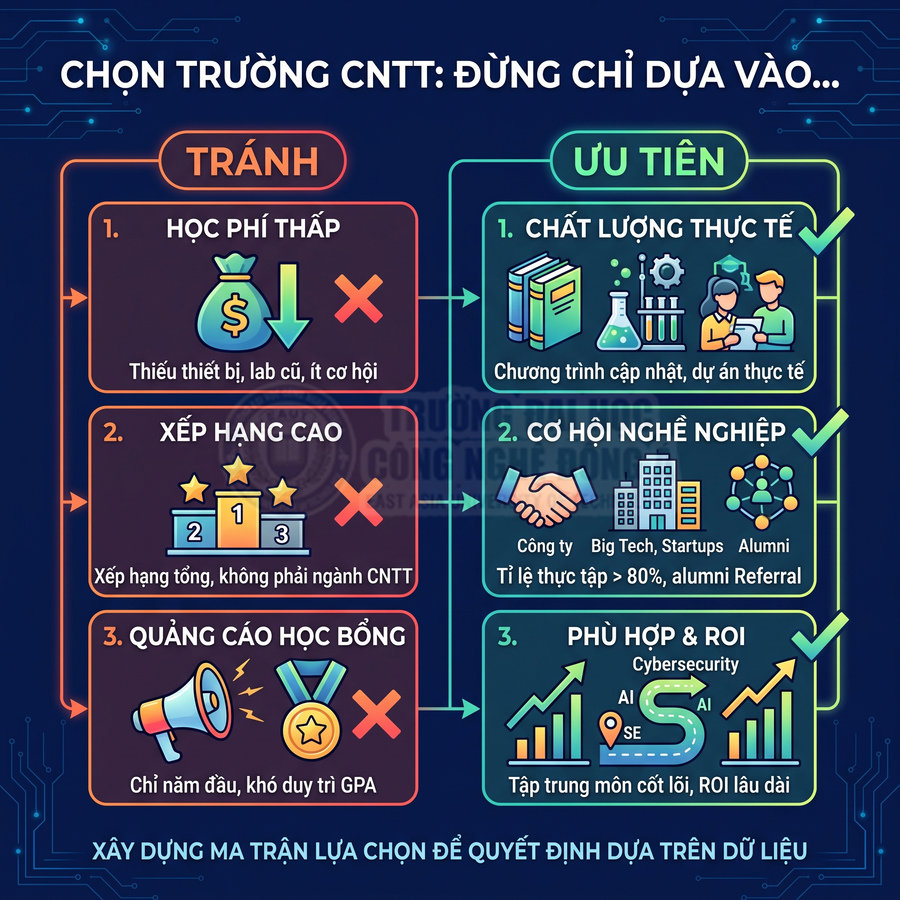 Infographic tiêu chí chọn trường CNTT, so sánh nên tránh học phí thấp, xếp hạng chung, quảng cáo học bổng và nên ưu tiên chất lượng, cơ hội nghề nghiệp, ROI
