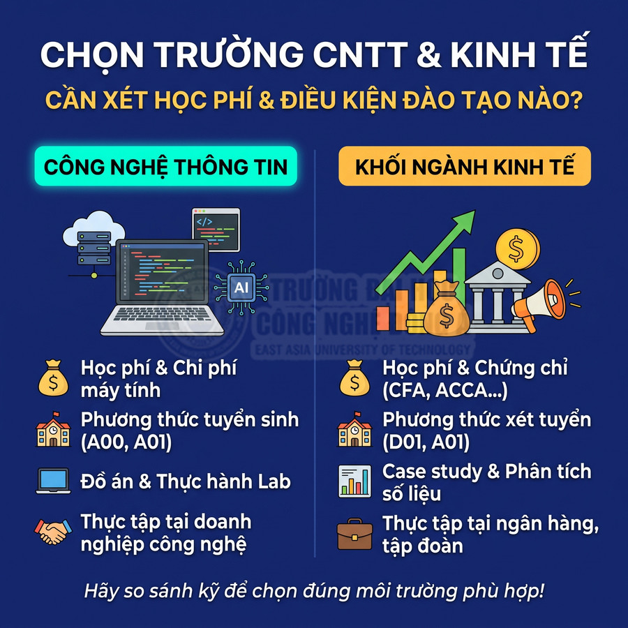 So sánh ngành Công nghệ thông tin và Kinh tế về học phí, tuyển sinh, thực hành và cơ hội thực tập