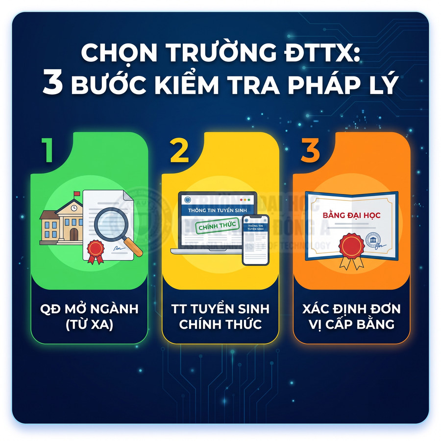 Hướng dẫn 3 bước kiểm tra pháp lý khi chọn trường ĐTTX với biểu tượng trường học, tuyển sinh và bằng đại học