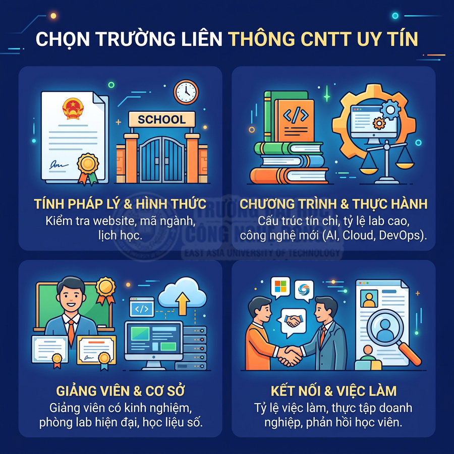Infographic tiêu chí chọn trường liên thông CNTT uy tín về pháp lý, chương trình học, giảng viên và cơ hội việc làm