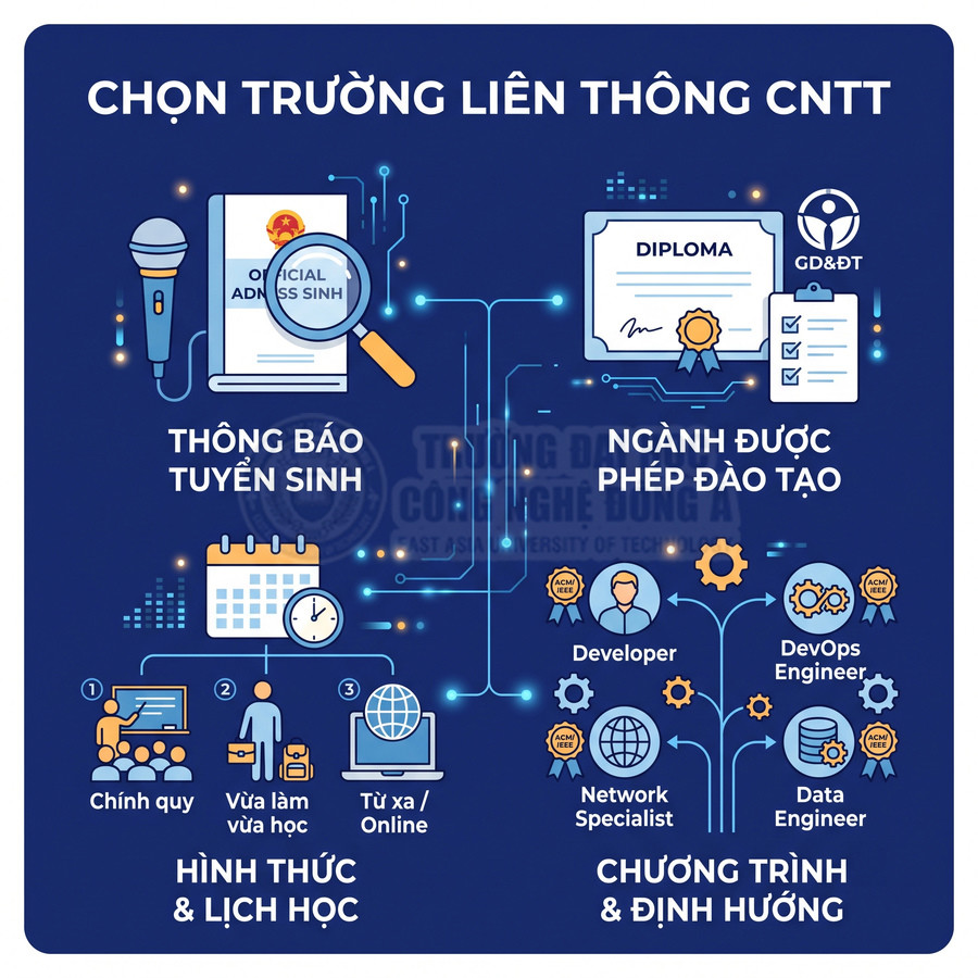 Infographic giới thiệu tiêu chí chọn trường liên thông CNTT về tuyển sinh, ngành đào tạo, hình thức học và định hướng nghề nghiệp
