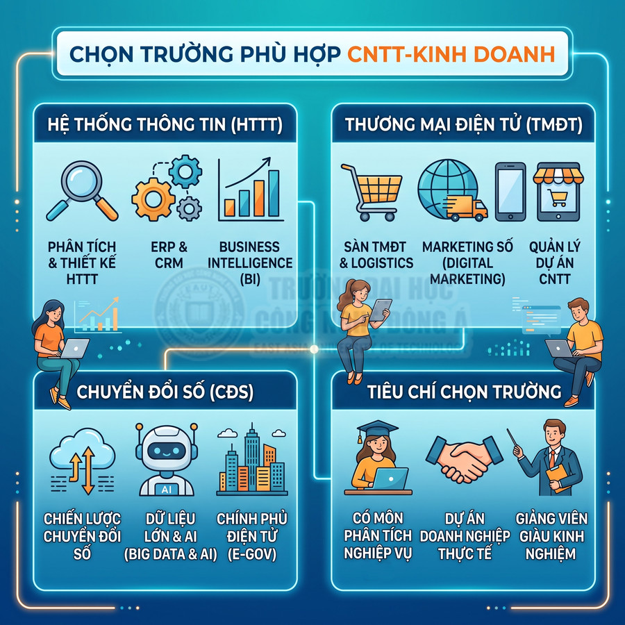 Infographic các ngành học CNTT kinh doanh, hệ thống thông tin, thương mại điện tử, chuyển đổi số và tiêu chí chọn trường