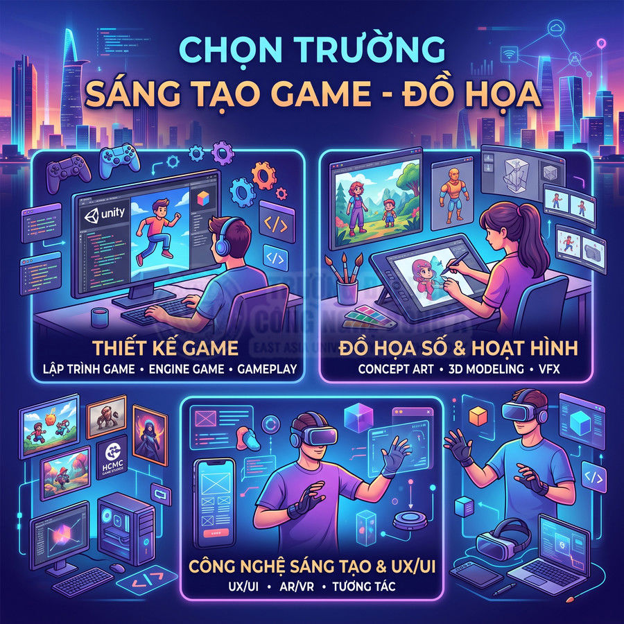 Poster giới thiệu ngành thiết kế game, đồ họa số, hoạt hình và công nghệ sáng tạo UX UI với minh họa học sinh sáng tạo