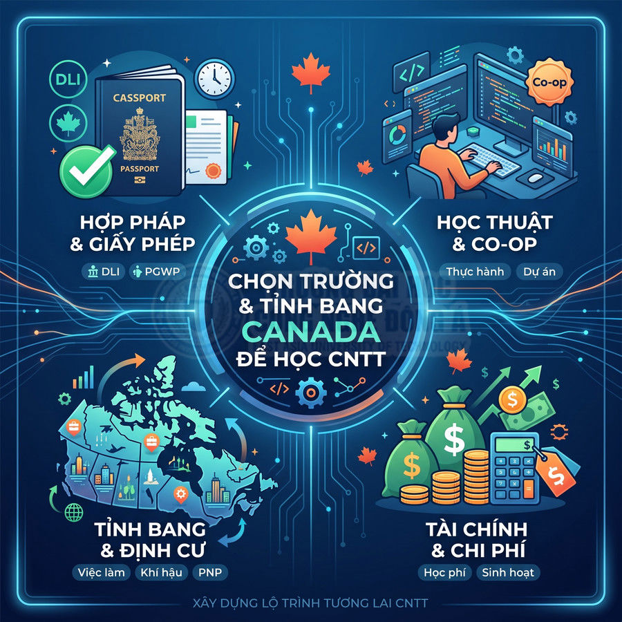 Infographic lộ trình chọn trường và tỉnh bang Canada để du học ngành công nghệ thông tin, học thuật, định cư và chi phí