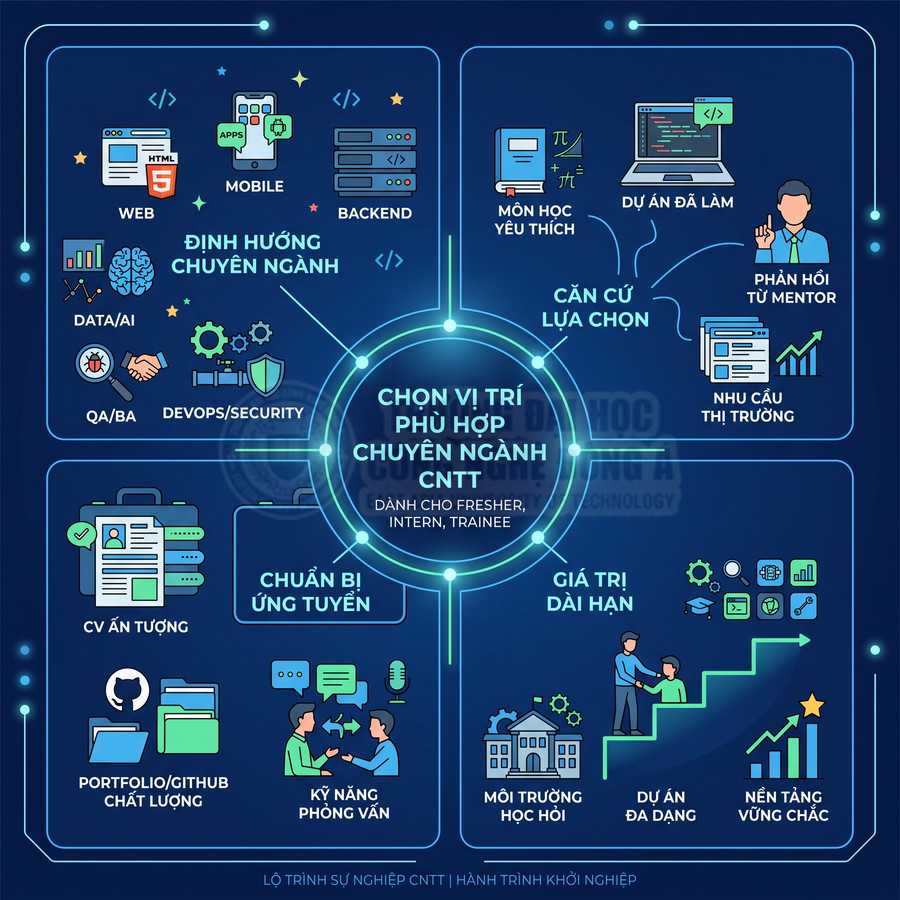 Infographic lộ trình chọn vị trí phù hợp trong ngành CNTT cho fresher, intern, trainee với các bước định hướng và chuẩn bị ứng tuyển