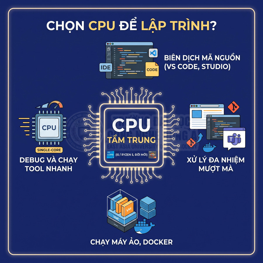 Minh họa CPU tầm trung Intel Core i5 hoặc AMD Ryzen 5 cho lập trình, debug nhanh, đa nhiệm mượt và chạy máy ảo Docker