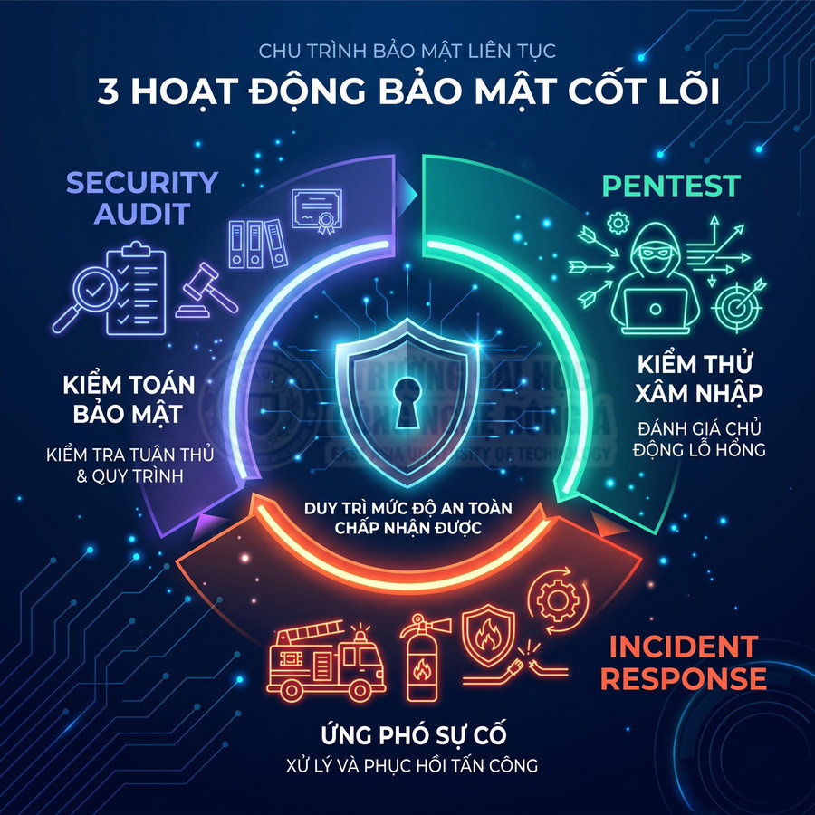 Mô hình minh họa chu trình bảo mật với kiểm toán bảo mật, kiểm thử xâm nhập và ứng phó sự cố an ninh mạng