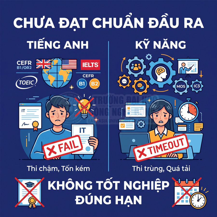 Infographic cảnh báo sinh viên thiếu chuẩn đầu ra tiếng Anh và kỹ năng dẫn đến không tốt nghiệp đúng hạn