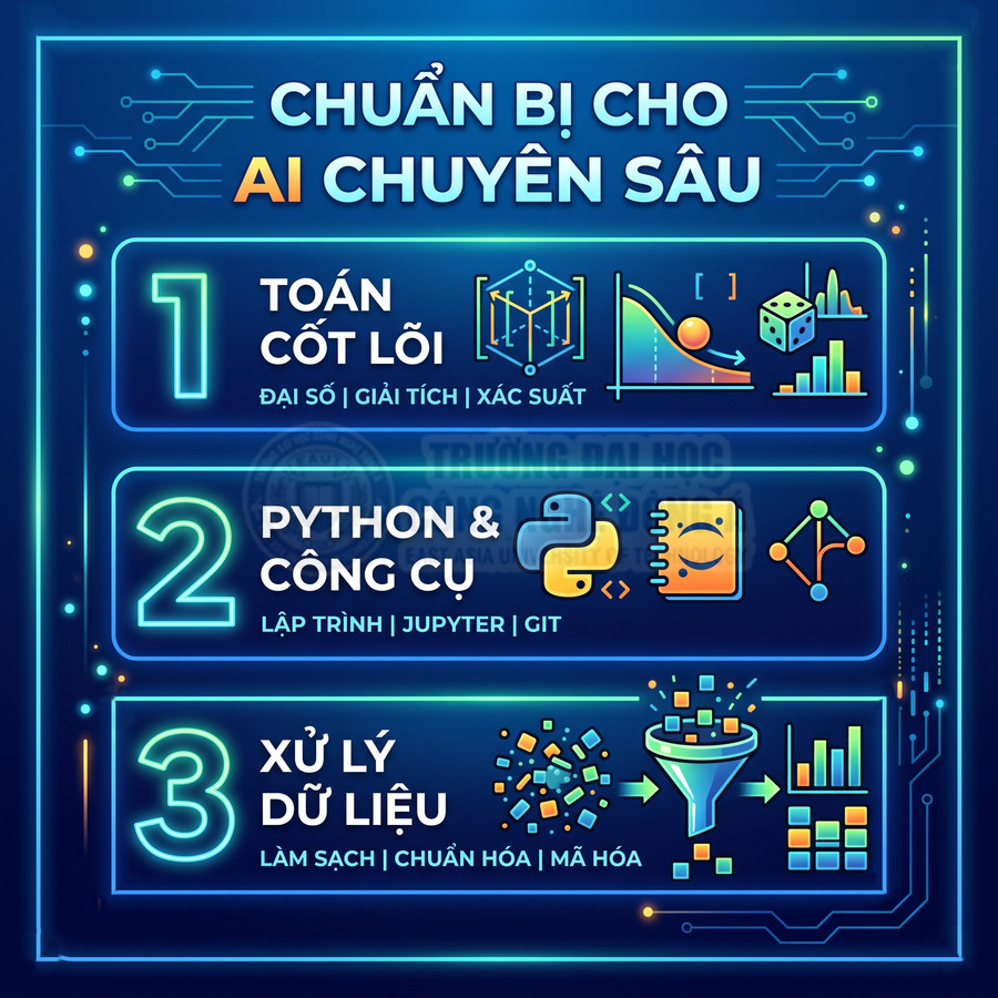 Poster khóa học chuẩn bị kiến thức AI chuyên sâu gồm toán cốt lõi, Python và công cụ, xử lý dữ liệu