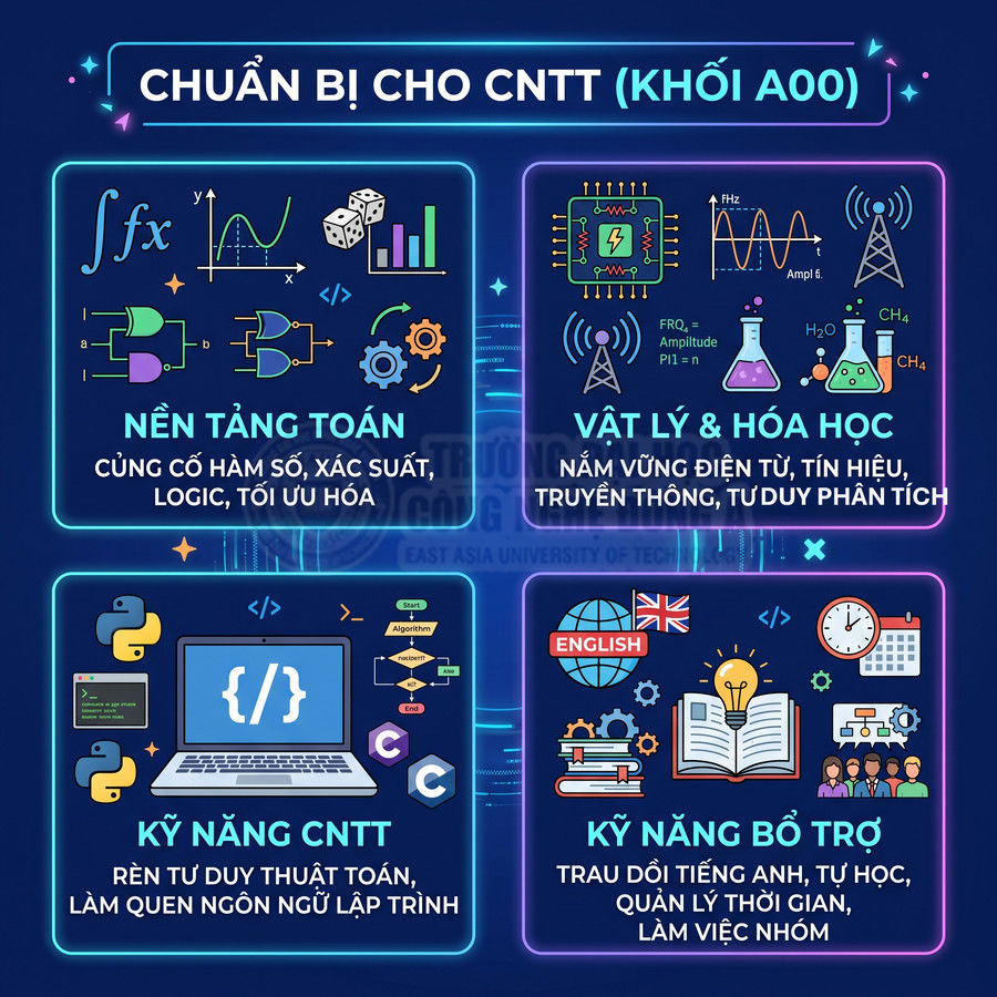Poster chuẩn bị cho ngành CNTT khối A00 với nền tảng toán, vật lý hóa, kỹ năng lập trình và kỹ năng bổ trợ