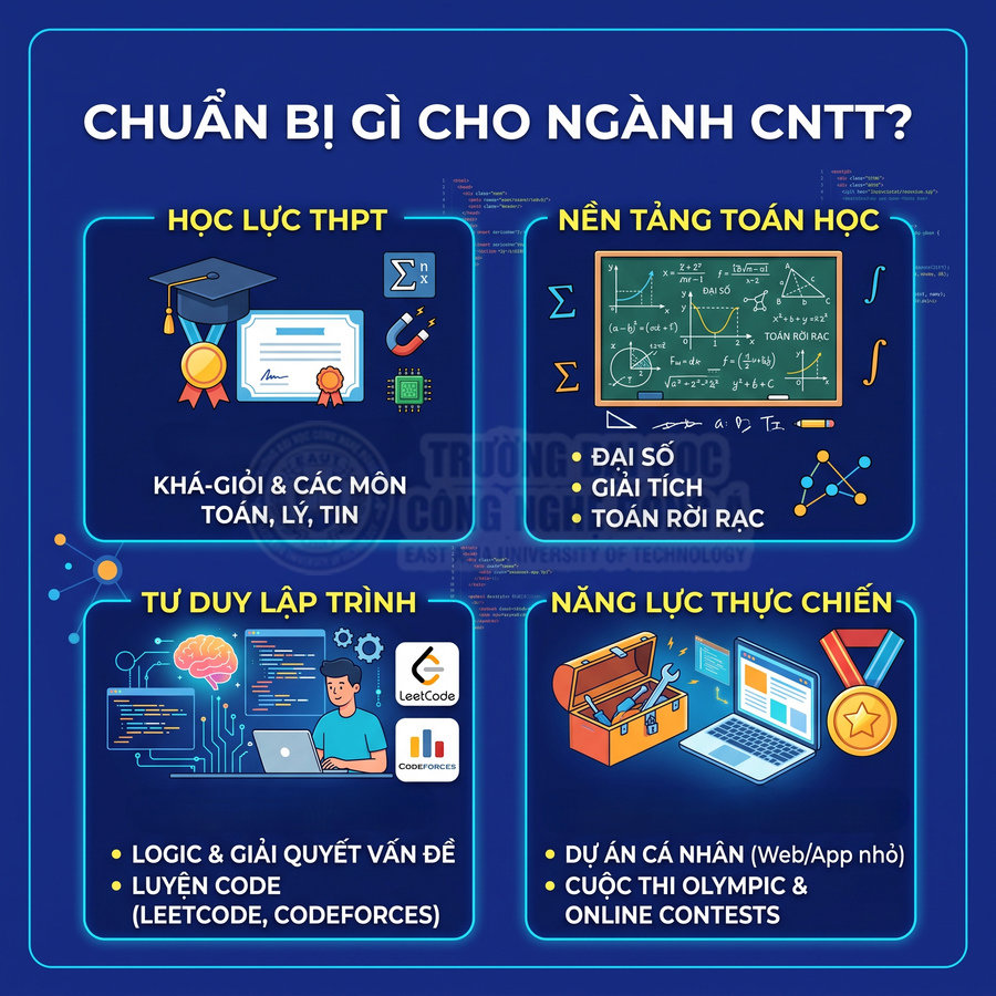Infographic chuẩn bị kiến thức toán, lập trình, dự án thực tế cho ngành công nghệ thông tin
