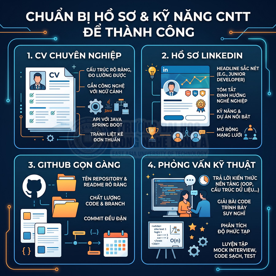 Infographic hướng dẫn chuẩn bị CV, hồ sơ LinkedIn, GitHub và kỹ năng phỏng vấn kỹ thuật cho sinh viên CNTT