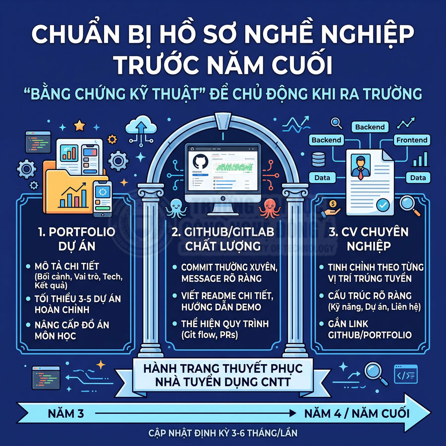 Infographic chuẩn bị hồ sơ nghề nghiệp CNTT với portfolio dự án, GitHub GitLab chất lượng và CV chuyên nghiệp