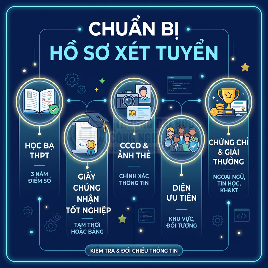 Infographic chuẩn bị hồ sơ xét tuyển gồm học bạ THPT, giấy tốt nghiệp, CCCD và ảnh thẻ, diện ưu tiên, chứng chỉ giải thưởng