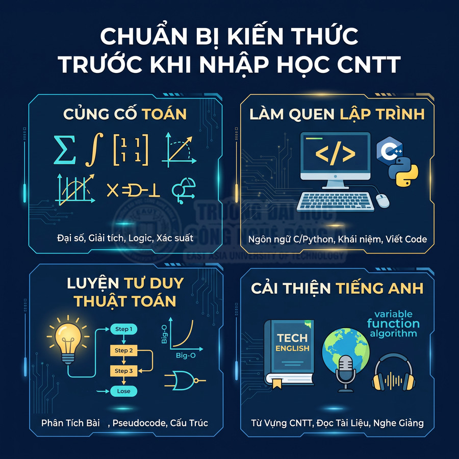 Infographic chuẩn bị kiến thức trước khi học CNTT gồm toán, lập trình, tư duy thuật toán và tiếng Anh