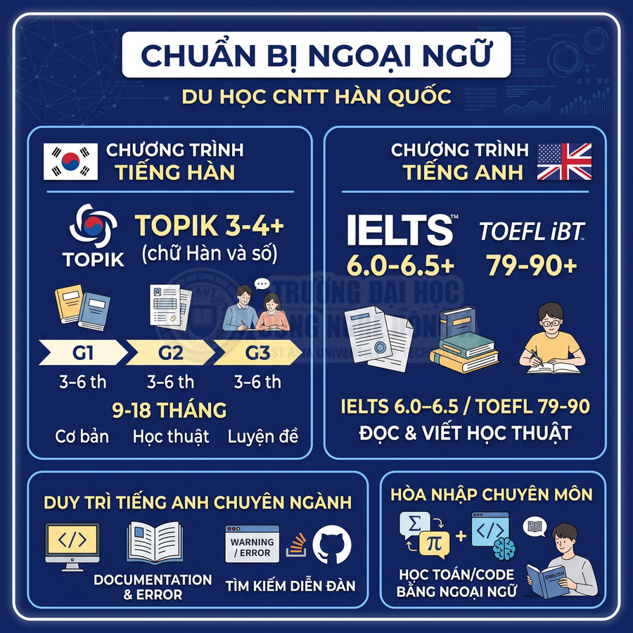 Infographic chuẩn bị ngoại ngữ du học CNTT Hàn Quốc với yêu cầu TOPIK 3-4+, IELTS 6.0-6.5 hoặc TOEFL iBT 79-90