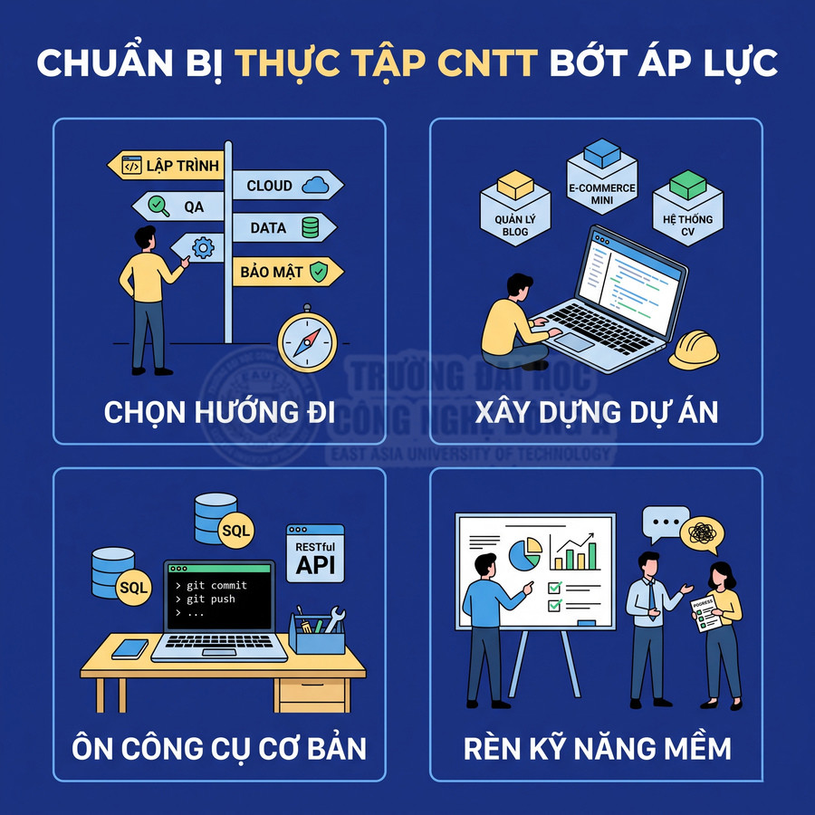Hướng dẫn chuẩn bị thực tập CNTT với các bước chọn hướng đi, xây dựng dự án, ôn công cụ cơ bản và rèn kỹ năng mềm