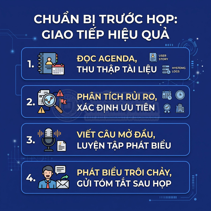 Hướng dẫn 4 bước chuẩn bị trước họp để giao tiếp hiệu quả với biểu tượng minh họa từng bước