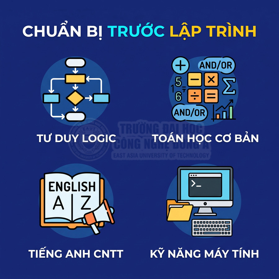 Các kỹ năng cần chuẩn bị trước khi học lập trình gồm tư duy logic, toán cơ bản, tiếng Anh CNTT và kỹ năng máy tính