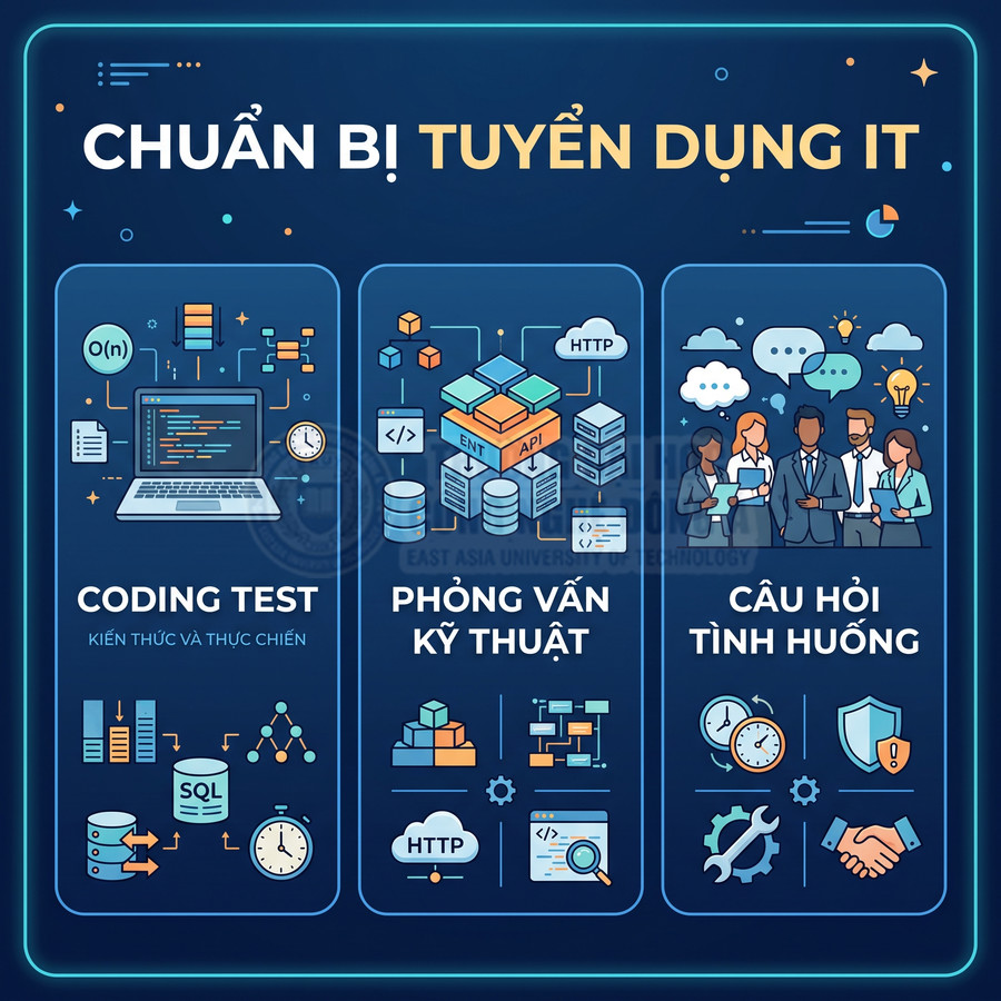 Poster hướng dẫn chuẩn bị tuyển dụng IT với coding test, phỏng vấn kỹ thuật và câu hỏi tình huống minh họa bằng icon