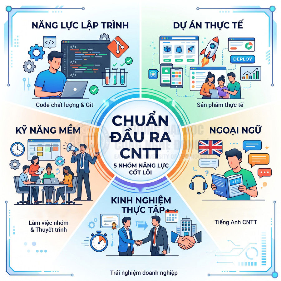 Chuẩn đầu ra CNTT với 5 nhóm năng lực cốt lõi về lập trình, dự án thực tế, kỹ năng mềm, ngoại ngữ và kinh nghiệm thực tập