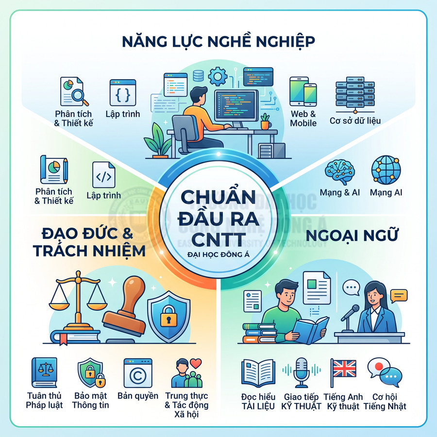 Infographic chuẩn đầu ra ngành CNTT Đại học Đông Á về năng lực nghề nghiệp, đạo đức trách nhiệm và ngoại ngữ