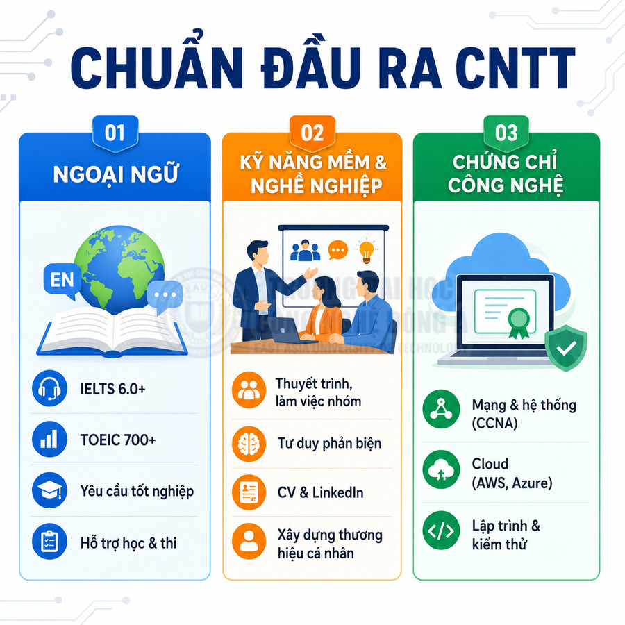 Chuẩn đầu ra CNTT với ngoại ngữ, kỹ năng mềm nghề nghiệp và chứng chỉ công nghệ như CCNA, AWS, Azure