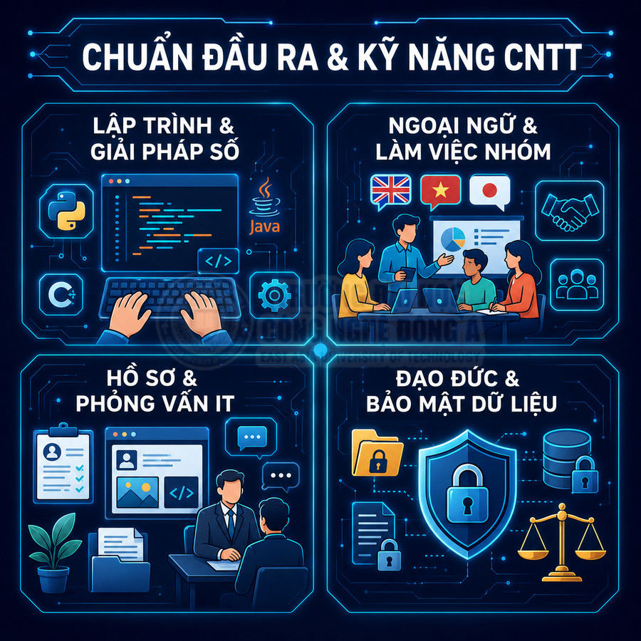 Chuẩn đầu ra và kỹ năng CNTT gồm lập trình, ngoại ngữ, phỏng vấn IT, đạo đức và bảo mật dữ liệu