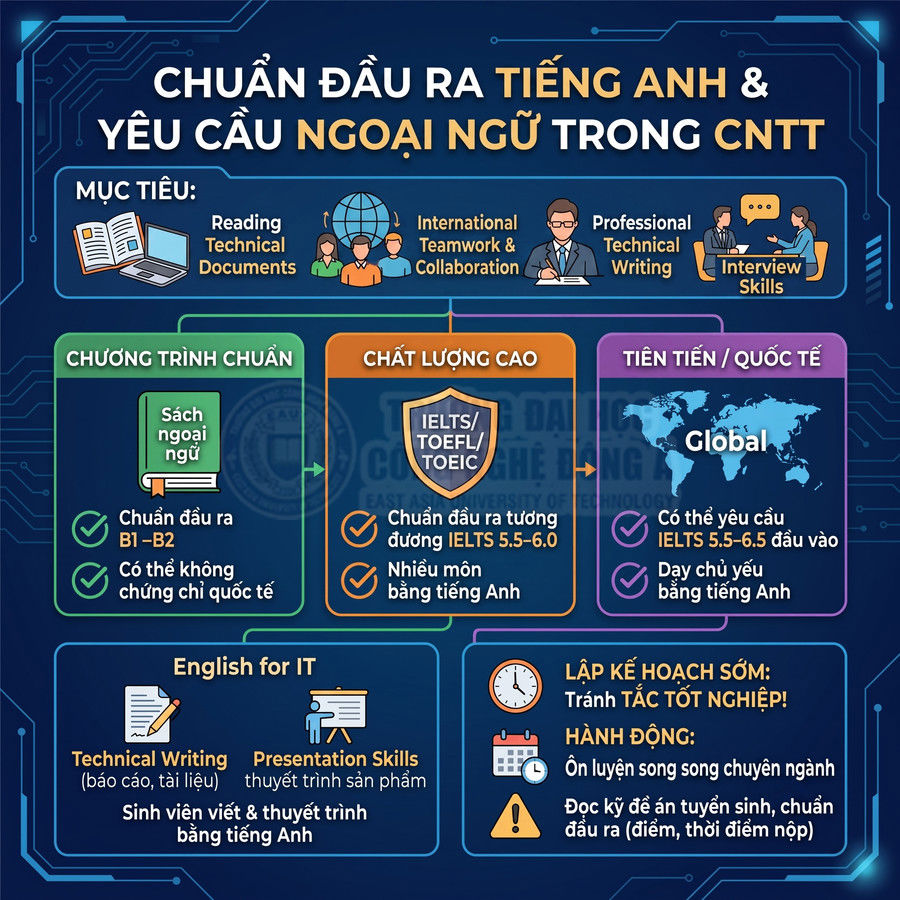 Chuẩn đầu ra tiếng Anh và yêu cầu ngoại ngữ trong ngành CNTT với các mức B1 B2 IELTS TOEIC và chương trình quốc tế