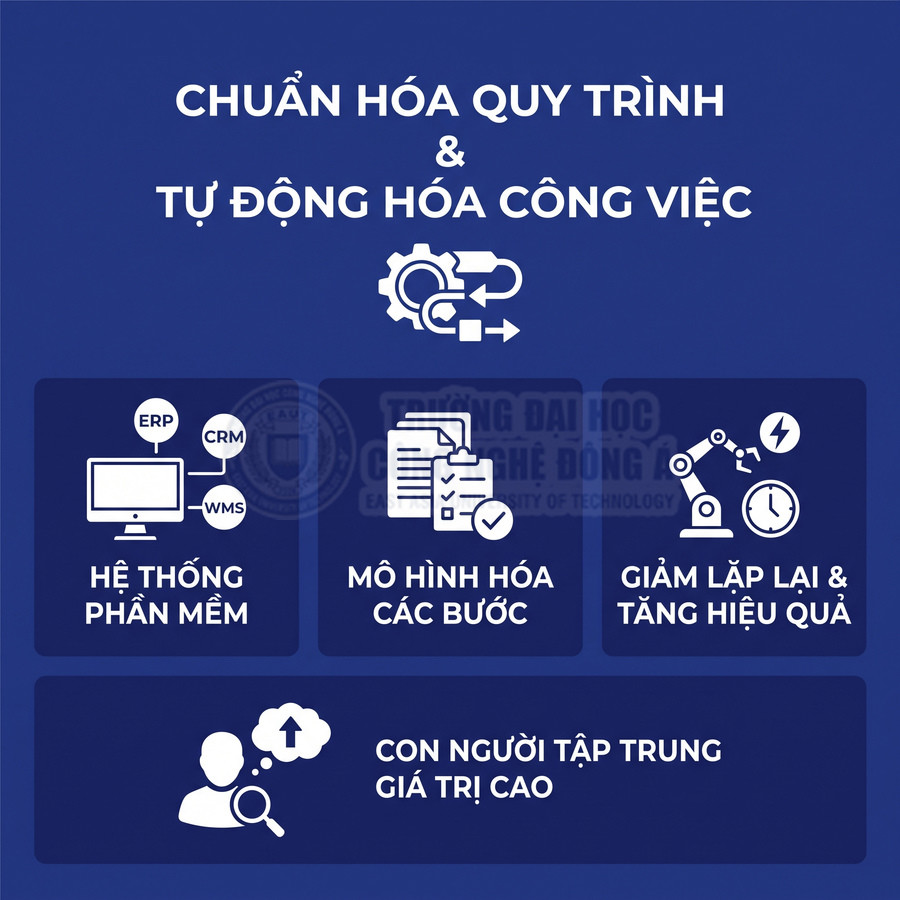Nội dung về chuẩn hóa quy trình và tự động hóa công việc, tập trung vào phần mềm, mô hình hóa bước và nâng cao hiệu quả doanh nghiệp