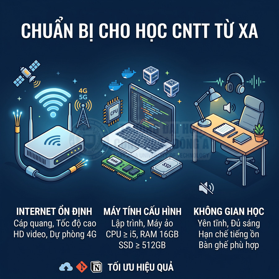 Minh họa chuẩn bị học CNTT từ xa với modem wifi, laptop cấu hình cao và góc học tập yên tĩnh