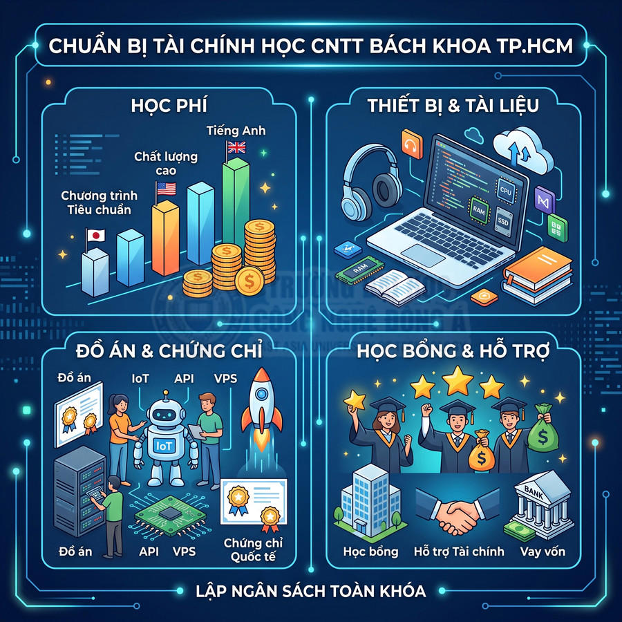 Minh họa các khoản chi phí, thiết bị, đồ án, học bổng và hỗ trợ tài chính khi học CNTT Bách khoa TP.HCM