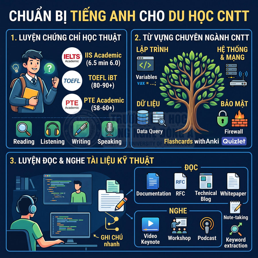 Infographic hướng dẫn chuẩn bị tiếng Anh cho du học CNTT với chứng chỉ IELTS TOEFL PTE và từ vựng chuyên ngành