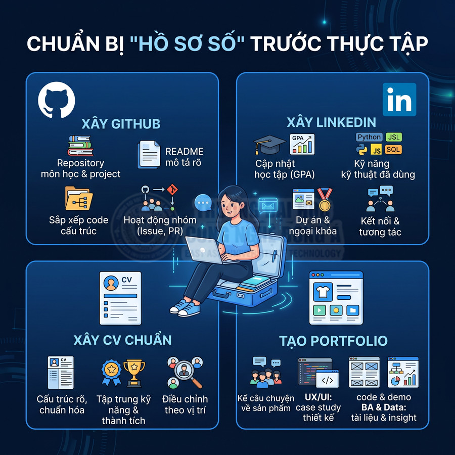 Hướng dẫn chuẩn bị hồ sơ số trước thực tập với GitHub, LinkedIn, CV chuẩn và portfolio cho sinh viên IT