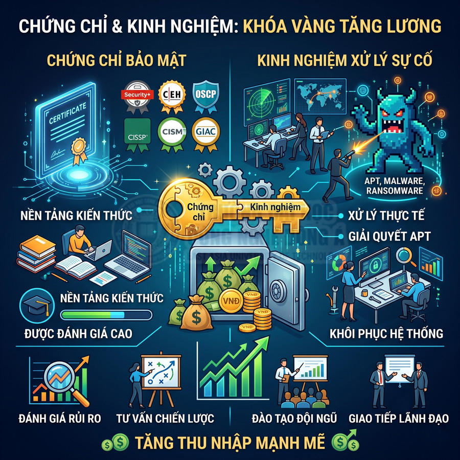 Infographic chứng chỉ bảo mật và kinh nghiệm xử lý sự cố giúp tăng lương và thu nhập ngành an ninh mạng