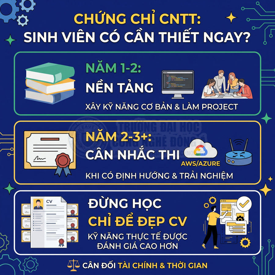 Infographic tư vấn sinh viên thời điểm nên học và thi chứng chỉ CNTT, nhấn mạnh kỹ năng thực tế quan trọng hơn làm đẹp CV