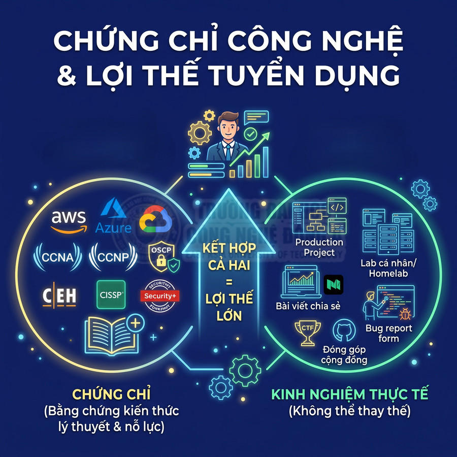 Infographic chứng chỉ công nghệ AWS Azure Google Cloud CEH CISSP Security+ và kinh nghiệm thực tế giúp tăng lợi thế tuyển dụng