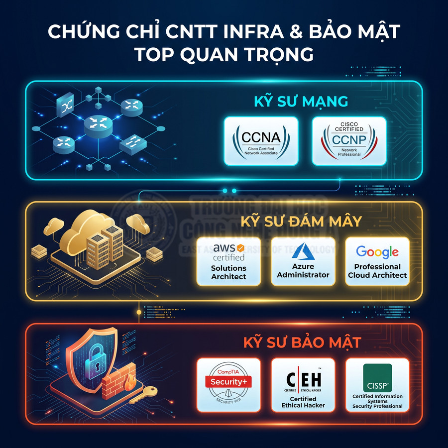 Infographic chứng chỉ CNTT cho kỹ sư mạng, kỹ sư đám mây và kỹ sư bảo mật như CCNA, CCNP, AWS, Azure, Google