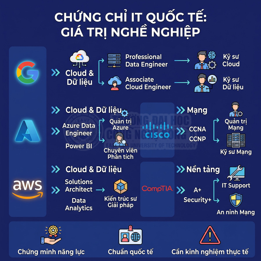 Infographic chứng chỉ IT quốc tế của Google, Microsoft Azure, AWS, Cisco, CompTIA và các vị trí nghề nghiệp liên quan