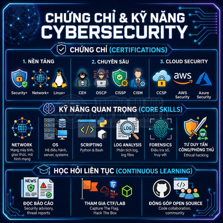 Infographic chứng chỉ và kỹ năng cybersecurity, liệt kê các chứng chỉ, kỹ năng cốt lõi và hoạt động học hỏi liên tục