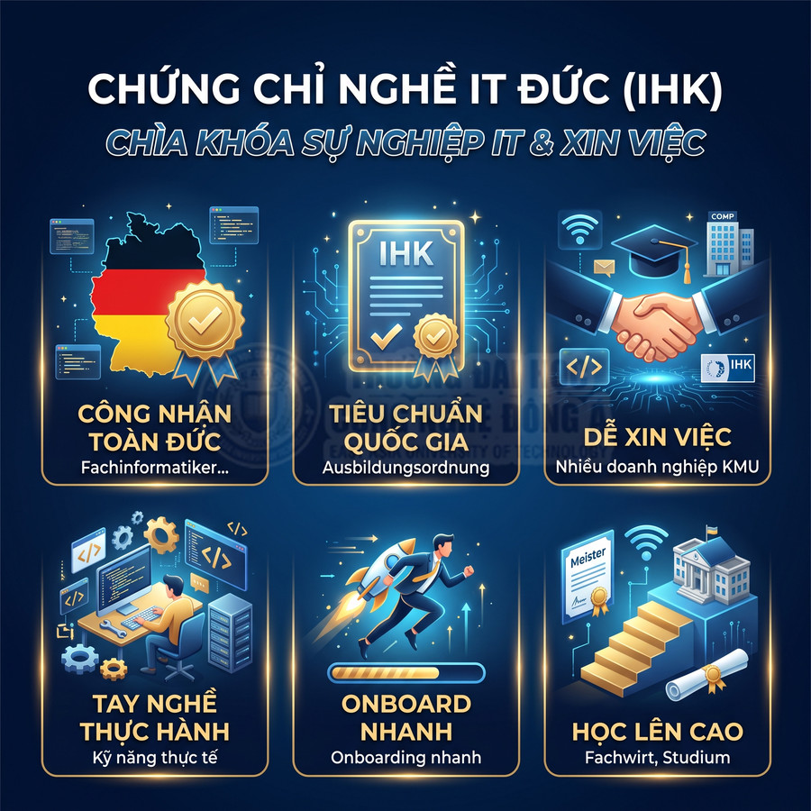Infographic giới thiệu lợi ích chứng chỉ nghề IT Đức IHK cho sự nghiệp và xin việc trong ngành công nghệ thông tin