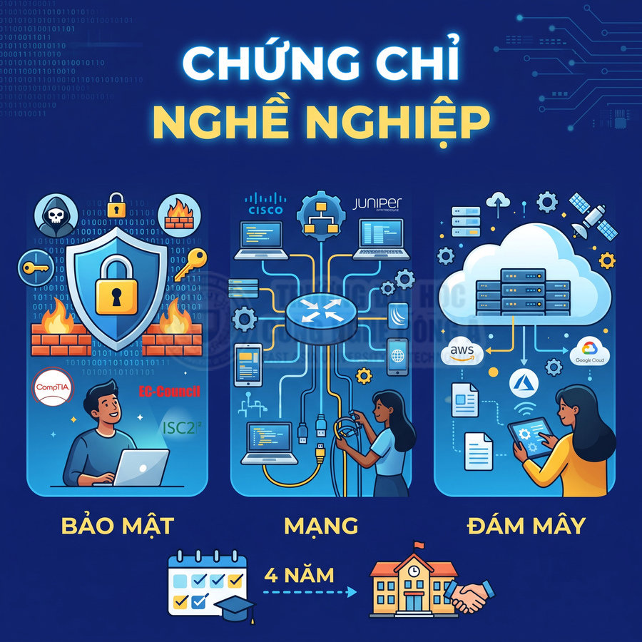 Poster chứng chỉ nghề nghiệp bảo mật, mạng, đám mây với logo CompTIA, EC Council, Cisco, Juniper, AWS, Google Cloud