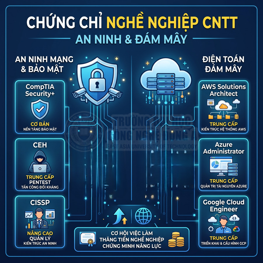 Infographic chứng chỉ nghề nghiệp CNTT về an ninh mạng và điện toán đám mây với các khóa CompTIA, CEH, CISSP, AWS, Azure, GCP