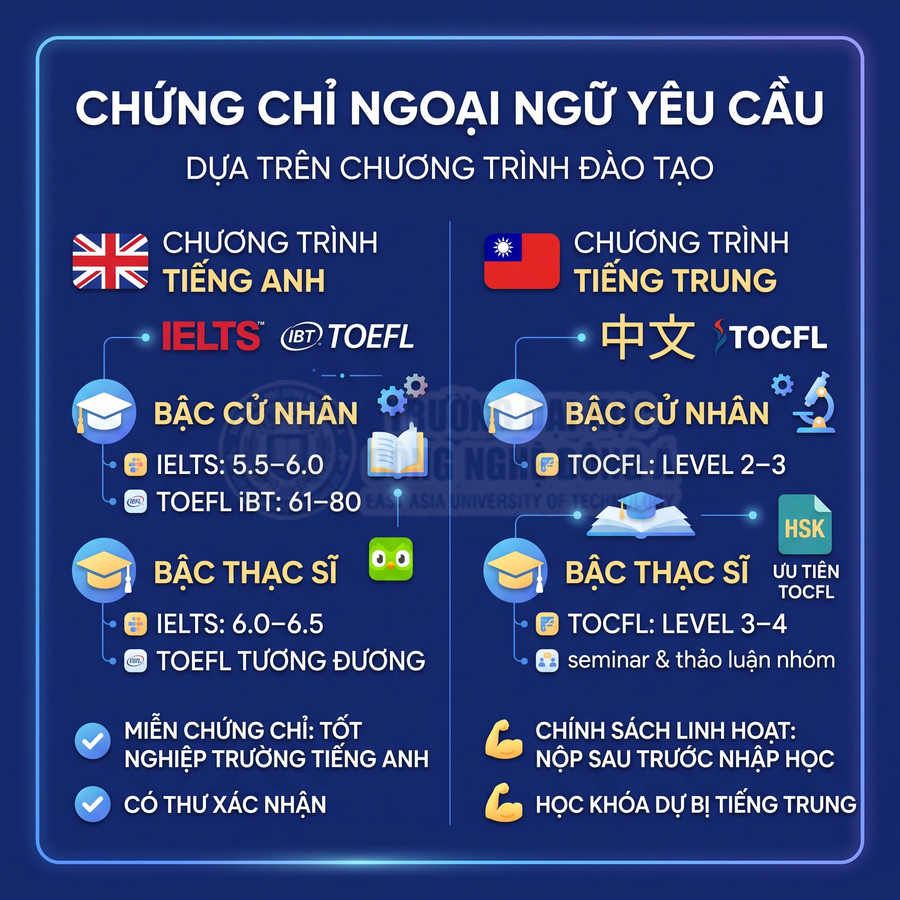 Infographic yêu cầu chứng chỉ IELTS TOEFL và TOCFL HSK cho chương trình tiếng Anh và tiếng Trung bậc cử nhân thạc sĩ