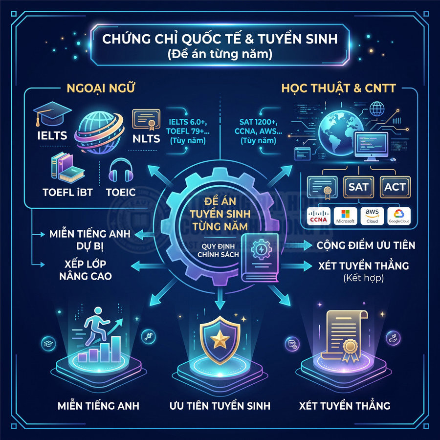 Infographic chứng chỉ quốc tế IELTS TOEFL SAT ACT CCNA AWS và chính sách ưu tiên tuyển sinh, miễn tiếng Anh, xét tuyển thẳng
