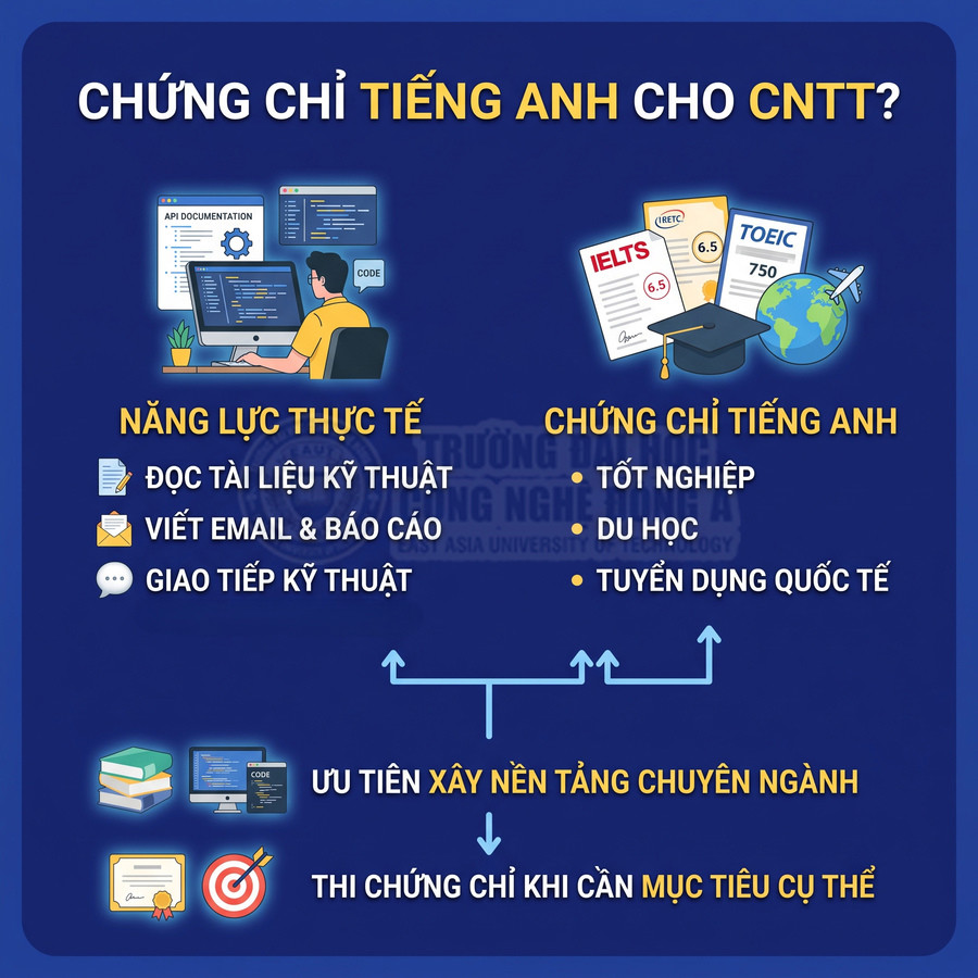 Infographic chứng chỉ tiếng Anh cho ngành CNTT, nêu kỹ năng đọc tài liệu, viết email, giao tiếp và mục tiêu tốt nghiệp, du học, tuyển dụng