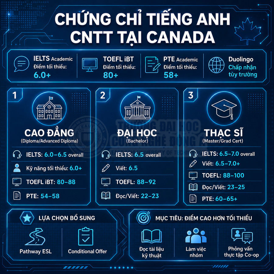 Infographic yêu cầu chứng chỉ tiếng Anh cho ngành CNTT tại Canada bậc cao đẳng, đại học, thạc sĩ