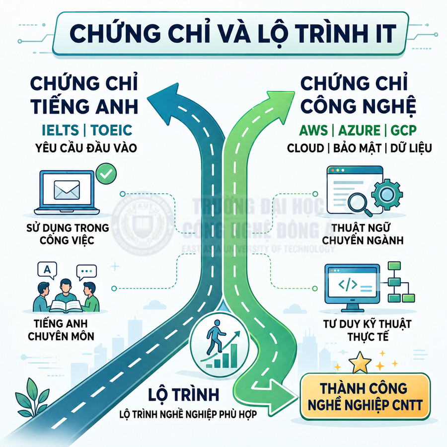 Infographic lộ trình chứng chỉ tiếng Anh và chứng chỉ công nghệ AWS Azure GCP để thành công nghề nghiệp IT