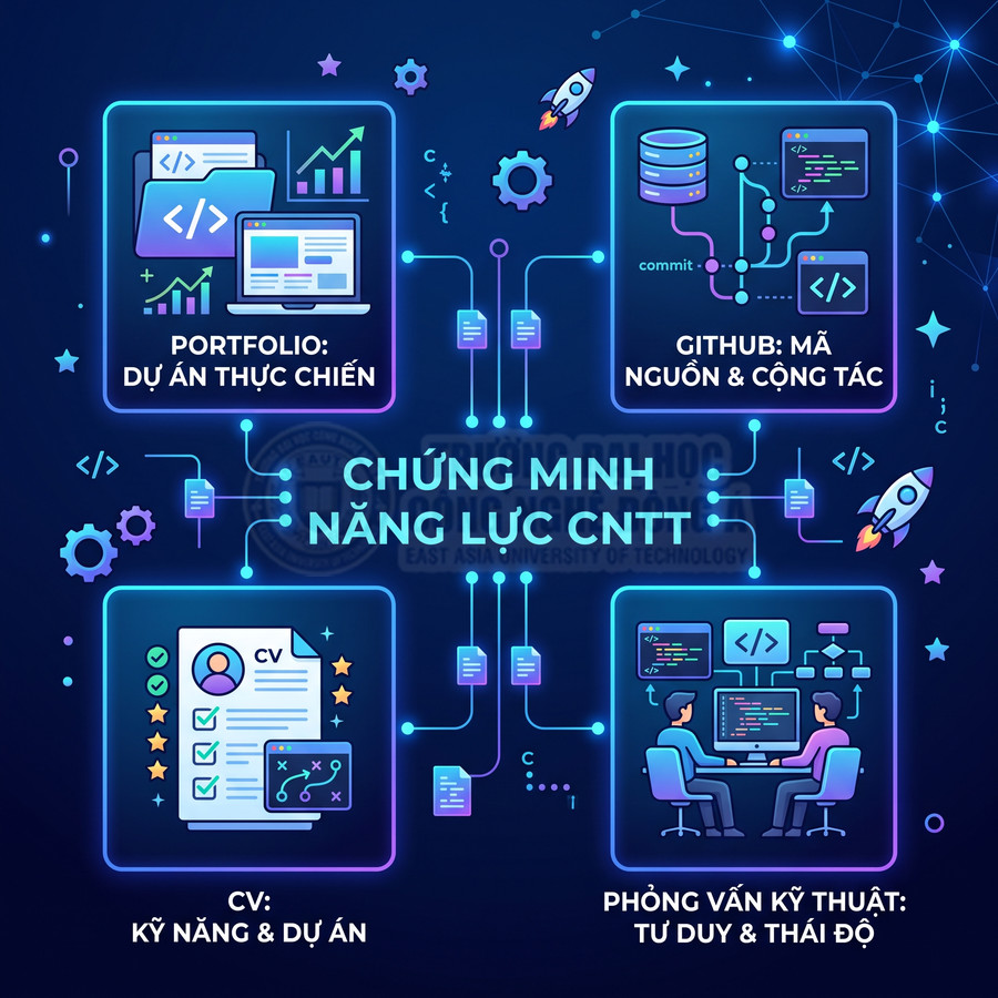 Infographic chứng minh năng lực CNTT qua portfolio dự án, GitHub, CV kỹ năng và phỏng vấn kỹ thuật