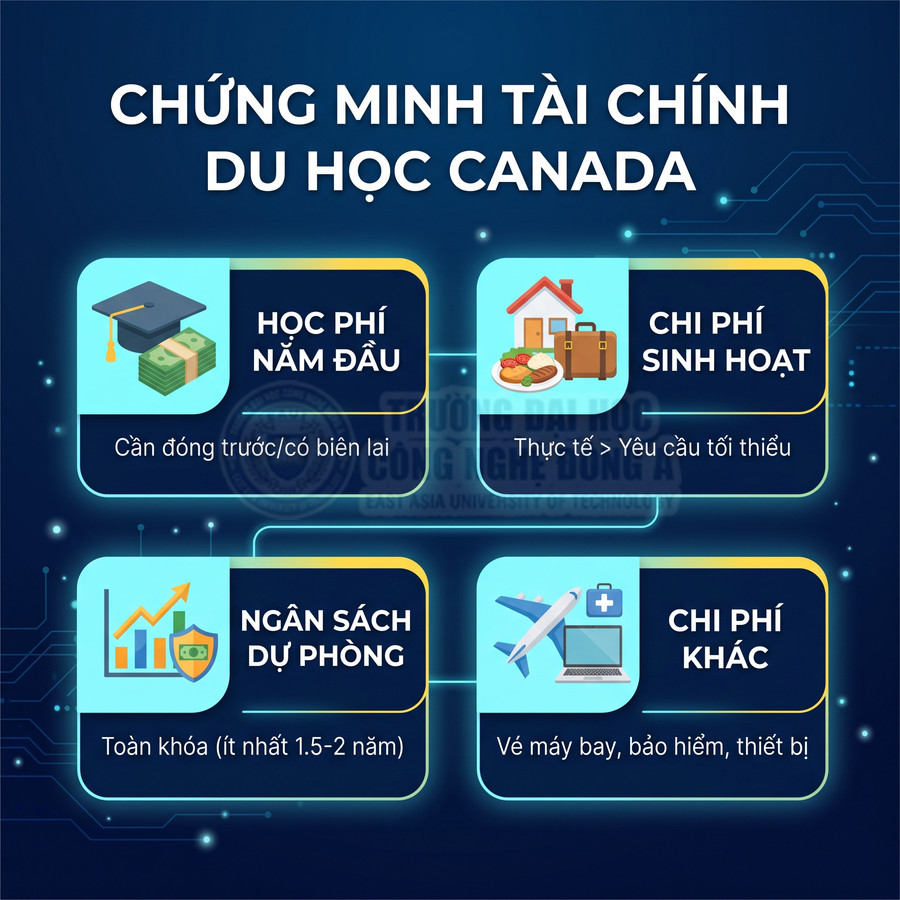 Infographic các khoản cần chứng minh tài chính du học Canada gồm học phí, sinh hoạt, ngân sách dự phòng và chi phí khác